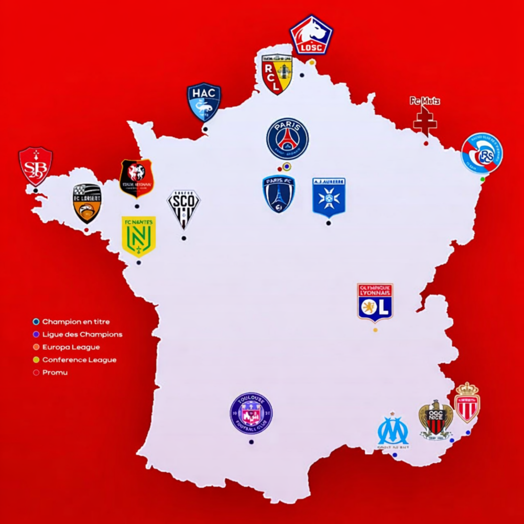 Carte de France affichant les logos des clubs de football partenaires de l'association Big Impacts, comme le PSG, l'OM, l'OL et le LOSC.