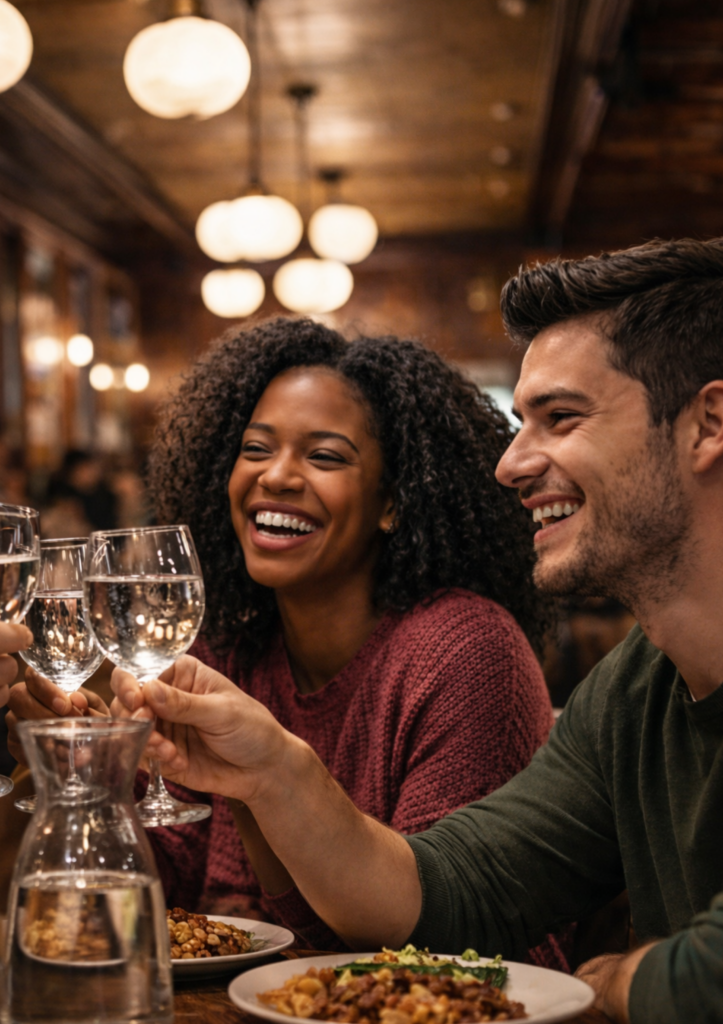 Un groupe de jeunes adultes souriants partageant un repas au restaurant, illustrant le concept de lien social 1 table pour 4.