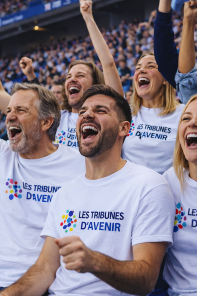 Groupe de participants souriants et enthousiastes portant des t-shirts blancs "Les Tribunes d'Avenir" dans un stade, un projet de l'association Big Impacts.