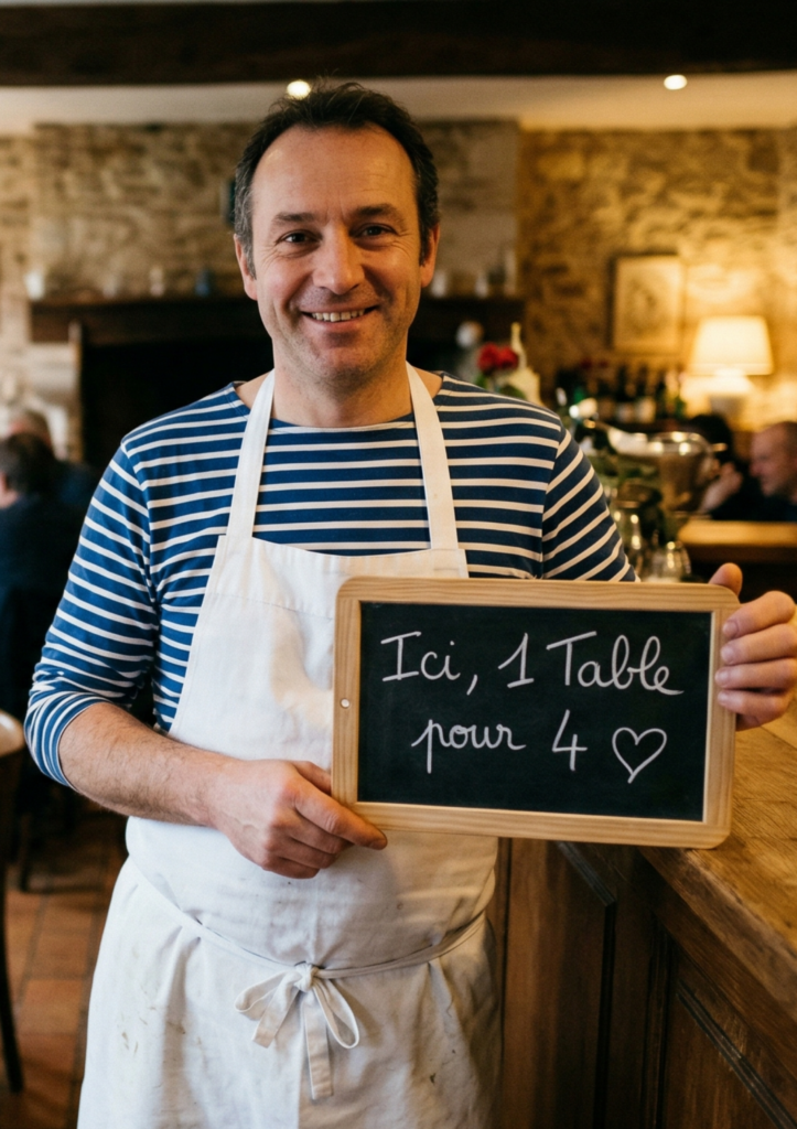 Un restaurateur souriant tenant une ardoise avec l'inscription "Ici, 1 Table pour 4", partenaire de l'association Big Impacts.